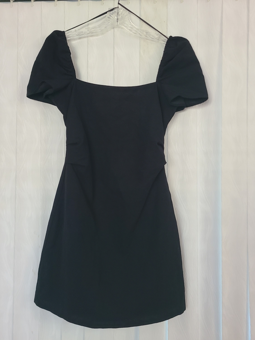 NWT Zara Sz M Black LBD Linen Blend Puff Sleeve Criss Cross Open Back Mini Dress